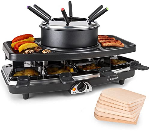 Klarstein 3-in-1 Raclette Grill Machine & Fondue Set, 1100W Stone Indoor Grill Raclette Machine, Wide Table Top Grill w/ 8 Small Pans & Fondue Forks, Raclette Cheese Fondue Sets for Cooking Indoors