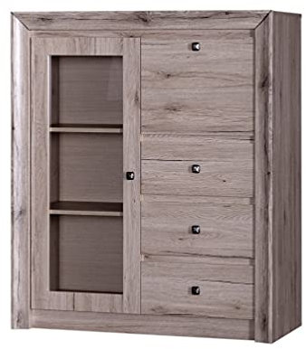 Furniture24 Vitrine Mars MR8 Schrank Wohnzimmerschrank Vitrinenschrank 1 Glastür 1 Klappe 3 Schubladen Eiche Sanremo dunkel Barschrank Barkommode