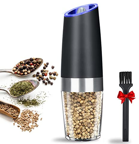 Electric Gravity Pepper Grinder or Salt Grinder Mill, Battery Operated Automatic Pepper and Salt Mill Grinder with LED Light, Adjustable Coarseness, One Handed Operation (Black)