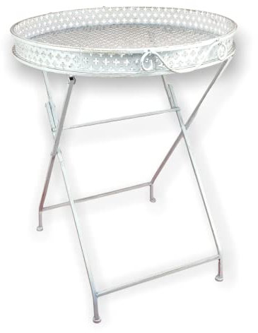 Stehtablett Beistelltisch Klapptisch Klapptablett rund aus Metall – Tisch klappbar für Indoor und Outdoor in antikweiß, 65 x 50 x 50 cm