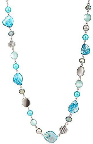 FULU AUTUMN Long Silver Beaded Necklace for Women Chain Necklace with Shell Crystal Pearl Beads Fashion Jewellery Gifts for Girlfriends(Turquoise)
