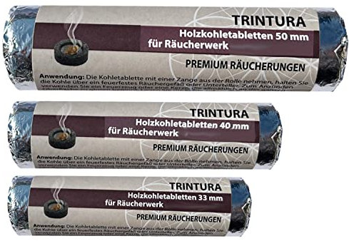 Trintura Incense Charcoal Tablets for Smoker Pan and Incense Burner (Set of 3, 33 mm, 40 mm, 50 mm, 1 pack each)