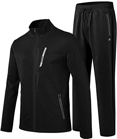 MoFiz Men's Tracksuits Full Zip Track Suits For men Solid Jogger Sets Windbreakers Jacket Track Pants 2 Piece Sets With 5 Pockets Classic Black L