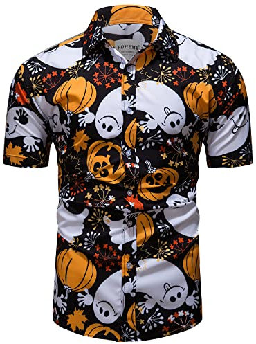 fohemr Mens Halloween Shirts Ugly Pumpkin Print Short Sleeve Button Down Casual Hawaiian Shirt Ghost Dress Black Large