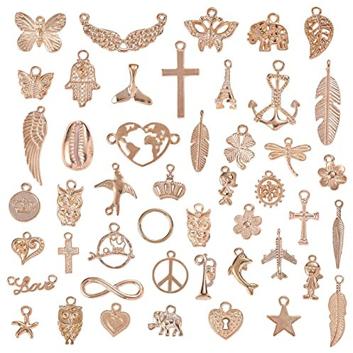 COGCHARGER 47 Pieces Wholesale Bulk Lots Jewelry Rose Gold Alloy Charm Pendants Leaf Wing Cross Charm for Jewelry Necklace Bracelet Earring Making Craft