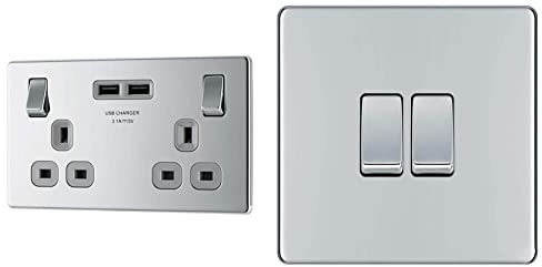 BG Electrical fpc22u3g Screwless Flat Plate Double Switched Fast Charging Power Socket, 13 A, 16.3 cm*18.0 cm*3.1 cm & FPC42 Screwless Flat Plate Double Light Switch, Polished Chrome, 2-Way, 10AX