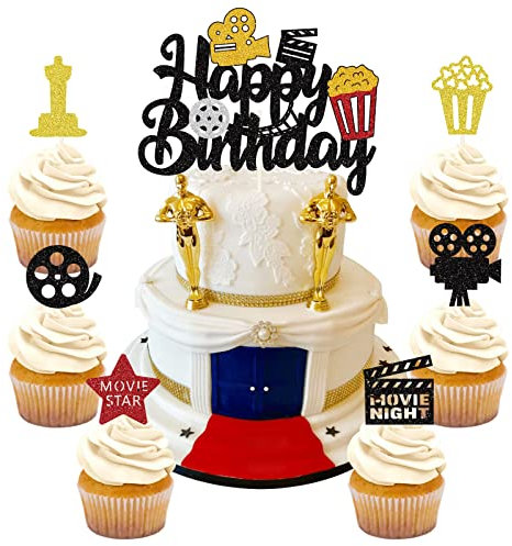 25 Stück Film-Thema Tortendeko Movie Theater Cupcake Toppers Movie Night Kuchen Dekorationen für Kamera Popcorn Theater Film Thema Hollywood Film Party Kuchen Dekorationen Zubehör