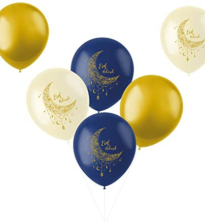 Folat Eid Mubarak Ramadan Dekoration - Ballons Gold Weiß Blau 33 cm 6 Stück - Eid Deko Stern Mond Zubehör Ramadan
