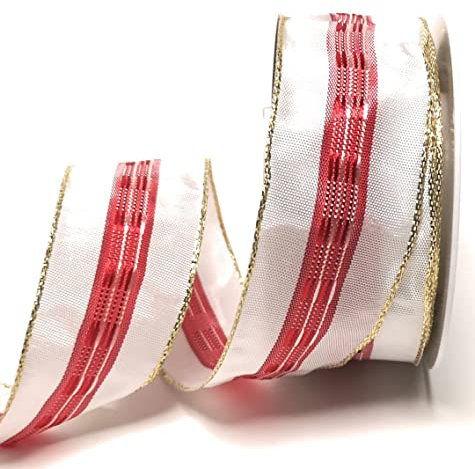 s.dekoda Schleifenband 20m x 40mm Weiß - Rot gestreift mit Goldkanten Drahtband Dekoband 3639