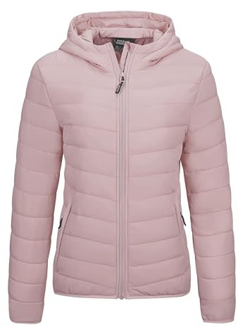 Outdoor Ventures Veste d'hiver légère avec capuche pour femme, chaude, courte, compacte, matelassée, mi-saison, rembourrée pour femme, doublée pour randonnée, voyage, Rose pâle, XL