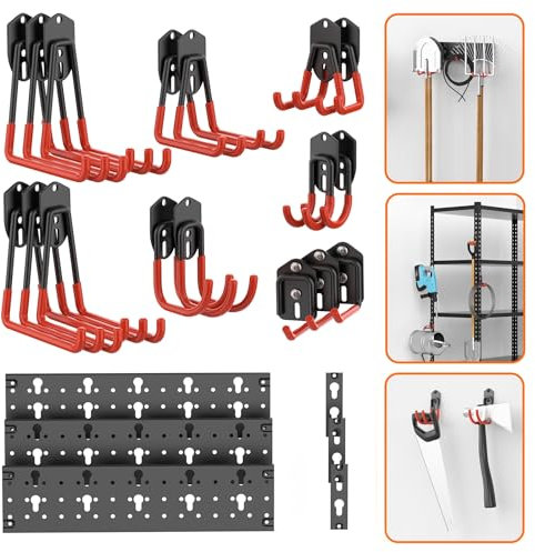 TORACK Garagen-Aufbewahrungshaken mit Schienen, Wandhalterung, Werkzeug-Organizer für Gartengeräte, Leitern, Kordeln, Klappstühle, Schaufeln und Rechen, Regalhaken für Schlüsselloch-Regale, 24 Stück