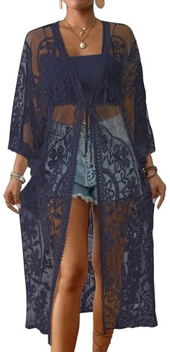 Bsubseach Swimsuit Coverup for Womens Lace Kimono Cover Up Sheer Beach Dusters Embroidered Summer Cardigan Navy Blue