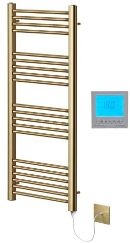 Greened House Brushed Brass Electric Towel Rail 400mm W x 1200mm H + Timer | Includes 7 Day Timer/Thermostat, Heated, Flat, Bathroom, Straight, Towel Warmer