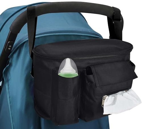 Kinderwagen Organizer Universal, Kinderwagentaschen Buggy Kinderwagentasche Baby Zubehör mit Reißverschlusstasche, Schultergurt und Stauraum für Windeln&Handys (Schwarz)