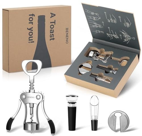 Beneno Wine Opener Set, Beneno Wine Accessories Gift Set, Corkscrew Bottle Opener with Foil Cutter, Wine Vacuum Stoppesr, Wine Aerator Pourer