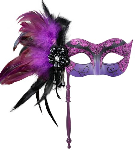MYSEUNI 2024 Neue Maskerade Maske für Frauen mit Stab - Glänzende Damen Feder Karneval Venezianische Maske für Kostüm Zubehör