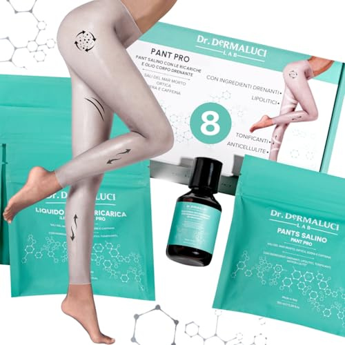 Dr. Dermaluci Lab - Pant Pro Lymphdrainage Bio - Lipödem, Schwere Beine, Anti-Cellulite - Kit 4 Anwendungen + 4 Öl - Totes Meersalz, Koffein, Efeu, Brennnessel - Italy