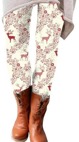 Damen Merry Christmas Xmas Tree Boot Pants Funny Workout Leggings Compression Patterned Ugly Reindeer Print Plaid Yoga Pants Compression Tights Holiday High Waist Yoga Pants, beige, XXL