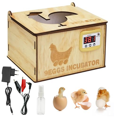 BREUAILY DIY Mini 9 Eier Inkubator Holz Geflügeleier Brutautomat Intelligente Hühner Brutkasten mit Digitaler Display Temperaturregelung für Hühner Enten Wachtel Gänse