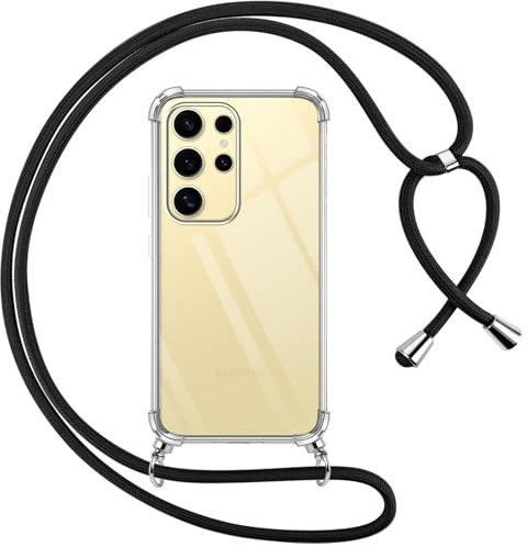 Pnakqil Coque pour Samsung Galaxy S24 Ultra avec Cordon, Transparente Silicone Housse avec Réglable de Collier Anti-Chute Etui pour Samsung S24Ultra, Ètuis à Bandoulière, Noir