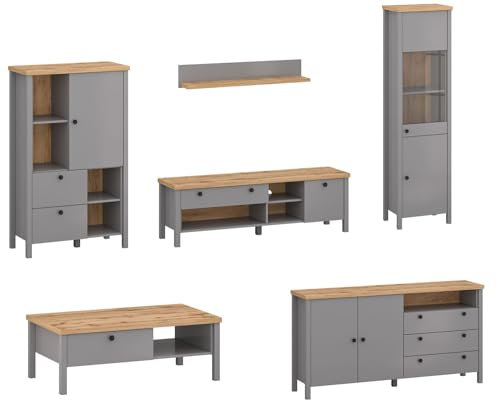 Feldmann Preiswert Wohnen Wohnzimmer-Set Wohnwand Melini 6-teilig schiefergrau Eiche Delano hell