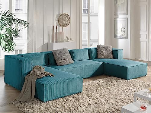 Lisa Design - Canapé Panoramique en U Stella en Velours Côtelé - Grand Sofa XXL Bleu Canard 7 Places - Salon