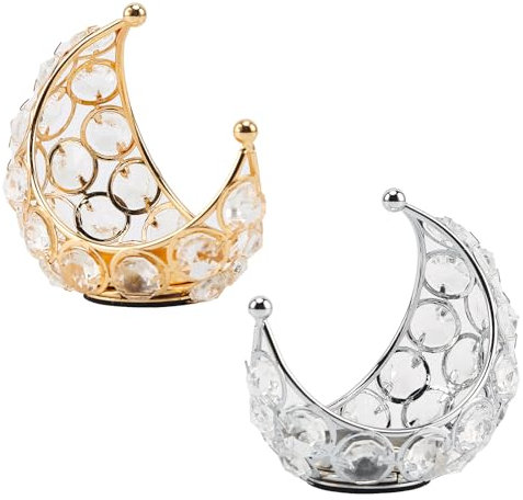 Yolispa Teelichthalter Metall, 2 Stück Kristall Kerzenhalter, Moon Deko Teelichthalter, Modern Moon Kerzenständer Kristall, Metall Windlichter Tischdeko, für Hochzeit Party Ramadan Dekoration