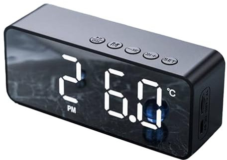ASHATA Wecker mit -Lautsprecher und UKW-Radio, Digitaler Spiegeluhr mit -Lautsprecher für Schlafzimmer, Büro, Dual-Alarme, LED-Anzeige, 5.0, Unterstützt SD-Karte (Black)
