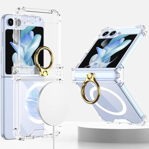 FAOMSEBS Magnetic Clear for Samsung Z Flip 5 Case Magsafe with Ring Stand [Hinge Protection] [360° Rotatable Ring Holder] Strong Magnetic for Samsung Galaxy Z Flip 5 Case, Shockproof Magnetic Cover