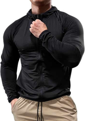 palglg Herren Sport Kapuzenpullover mit durchgehendem Reißverschluss leichte Fitness-Langarmshirts schnelltrocknende Lauf-Oberteile Schwarz L