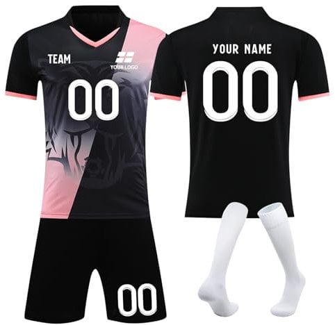 Personalised Football Kit for Kids with Name Number Team Logo Customised Football Shirts Shorts and Socks Football Jersey for Boys and Adults Football Tracksuits Gifts Black