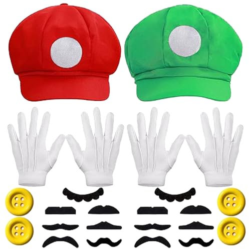 Disfraz Mario y Luigi Bros, Gorra de Mario y Luigi, Gorra Mario Bros, Disfraz Mario Bros Adulto, Accesorios de Disfraz de Mario con Guantes, Bigote, Botones, para Carnaval, Cosplay y Halloween