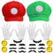 WELLXUNK Mario Luigi Kostüm Accessories, Mario und Luigi Mütze, Su-per-Mario Luigi Kostüm mit Kappen Schnurrbärte Handschuhe Knöpfe, Erwachsene Outfit für Weihnachten Karneval Faschingskostüme