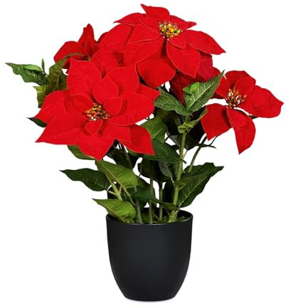 Künstlicher Weihnachtsstern im schwarzen Topf - 55 cm - Kunstblume Poinsettia in naturgetreuer Nachbildung - Christblume Deko Pflanze Seidenblume Kunstpflanze Winterblume mit samtigen Blüten