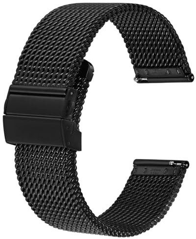 BISONSTRAP Metall Uhrenarmband, Faltschließe, 316L Edelstahl Mesh Armband, Schnellverschluss Ersatzarmband für Damen und Herren, 22mm, Schwarz
