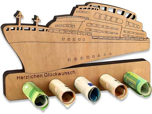 1 Schiffförmiges Geldgeschenk, Stabiles Holzdesign mit 5 Löchern für Kreuzfahrt Geschenk, Reise Themen, Personalisierbare Segensworte, Ideal für Geburtstage & Hochzeiten