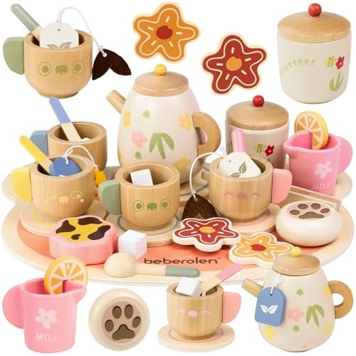 Beberolen Services à Thé Bois, Accessoire Jouet Cuisine Enfant Bébé, Jeux de Rôle en Parti du Thé, Jouet Extérieur Éducatif Montessori, Cadeau Créatif Anniversaire Pâques Halloween Noël Garçon Fille