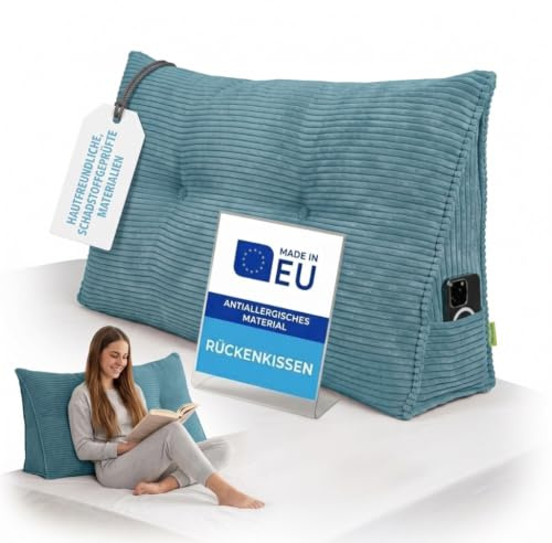 Pillows24 Cord Rückenkissen für Bett & Sofa 70cm, abnehmbarem Bezug | Bequemes Keilkissen und Lesekissen fürs Bett, waschbarem Bezug, Großes Sofakissen für Rückenlehne und Sofa, Türkis