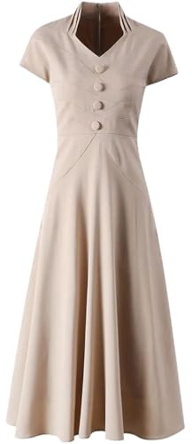 Women's Solid Retro Short-Sleeved Button High Waist Khaki Holiday Mid-Length A-Line Dress Khaki M(6)