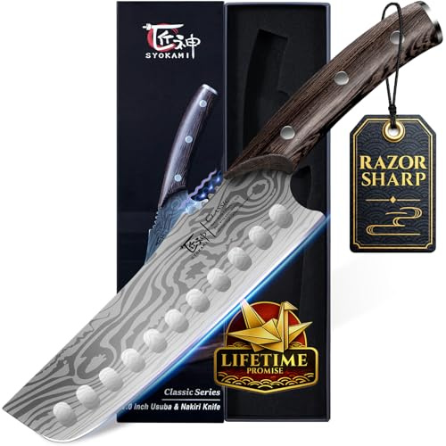 SYOKAMI 18,3 cm Kochmesser, großes Gemüsemesser im japanischen Stil | rasiermesserscharf für präzises Schneiden, Damast-Muster, ergonomischer Full-Tang-Holzgriff, Idealgeschenk