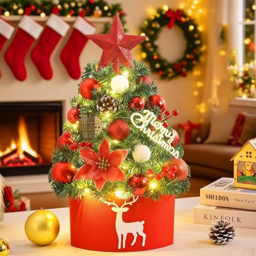 Mini Künstlicher Weihnachtsbaum 45cm,Tisch Christbaum mit Weihnachtskugel Tannenzapfen Christbaumspitze Stern,DIY Tannenbaum fürWeihnachten Deko Tischdeko Schaufenster Büro(Rot)
