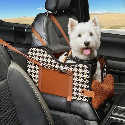 Console centrale per cani, seggiolino auto per cuccioli, console centrale, bracciolo per cani di piccola taglia, gatti, 42 x 25 x 23 (pied de poule arancione)