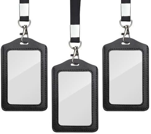 TNSLAND 3PCS Ausweishülle mit Band Leder Schwarz, Doppelseitige Fenstern ID Kartenhülle Transparent, Dienstausweis Hülle Lanyard Ausweishalter, Büro, Schule Ausstellung, Schüler Busausweis, Tragbar