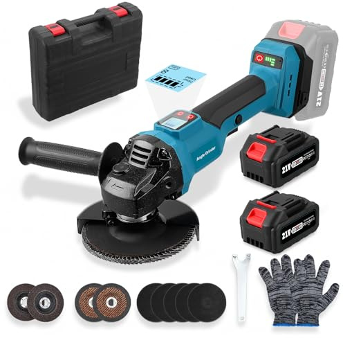 Trsaow Akku-Winkelschleifer mit 2x 4000mAh Akkus, 800W Bürstenlosem Motor, 3 Geschwindigkeiten & LCD-Display, 3 Schleifscheiben für Metall, Stein