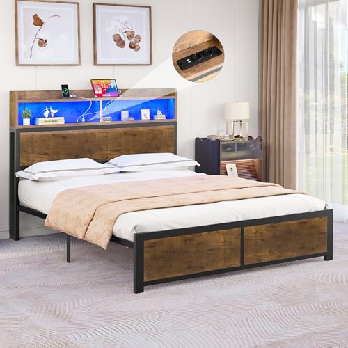 YITAHOME Bed Frame,LED with Headboard,USB Ports & Charging Outlets,Metal Platform Bed Frame with 2 Tiers Storage Shelves, No Box Spring Needed Super King Size Wood color