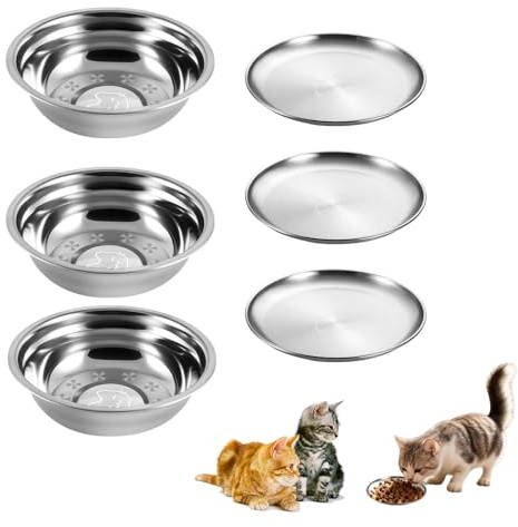 XdealCozyxc 6 Pcs Stainless Steel Cat Bowl, Metal Dog Shallow Bowl, Pet Wet Dry Food Plate