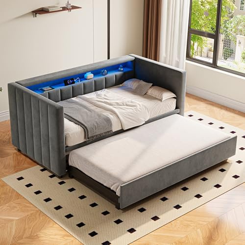 FammyLoft 90 * 190cm Schlafsofa mit Ausziehbarem Bett und Stauraum, Grau | LED-Ambiente und USB-Type-C-Anschluss, Samtbezug