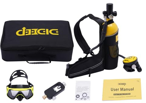 Juego de botellas de buceo de 1 l, equipo de buceo con gafas de buceo, adaptador, juego de botellas de buceo portátil para buceo, aventuras subacuáticas y fuente de aire de reserva