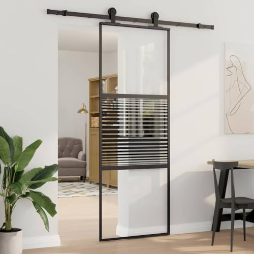 kithwjll Porta scorrevole in vetro a righe, colore nero, 76 x 2 x 205 cm, telaio in alluminio, porta interna con fermaporta, per soggiorno, sala da pranzo, separazione e ristrutturazione salvaspazio