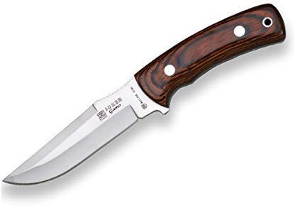 Joker Cuchillo de monte Gamo CR50, con mango de madera roja y hoja MOVA de 12,5 cm, funda de cuero, herramienta de pesca, caza, camping y senderismo